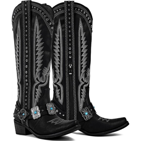 Shoes - Women's Black Knee High Western Cowgirl Boots with Embroidery Belt Buckle